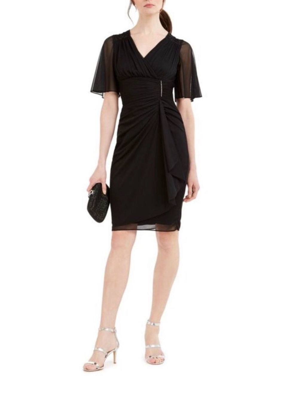 NWT Betsy & Adam Black V-Neck Ruched Midi Dress Sz 14